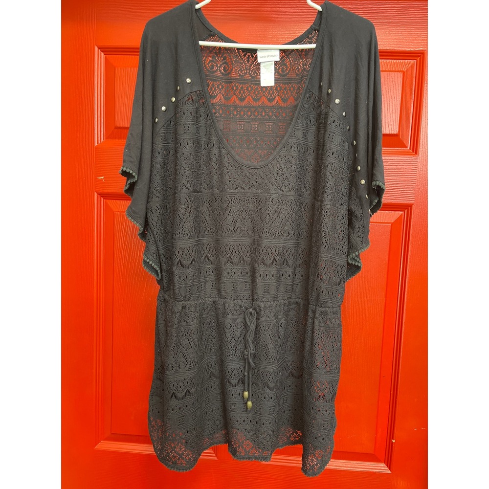 Wearabouts Black Crochet Lace Swim Cover Up Dress Studded Drawstring XL